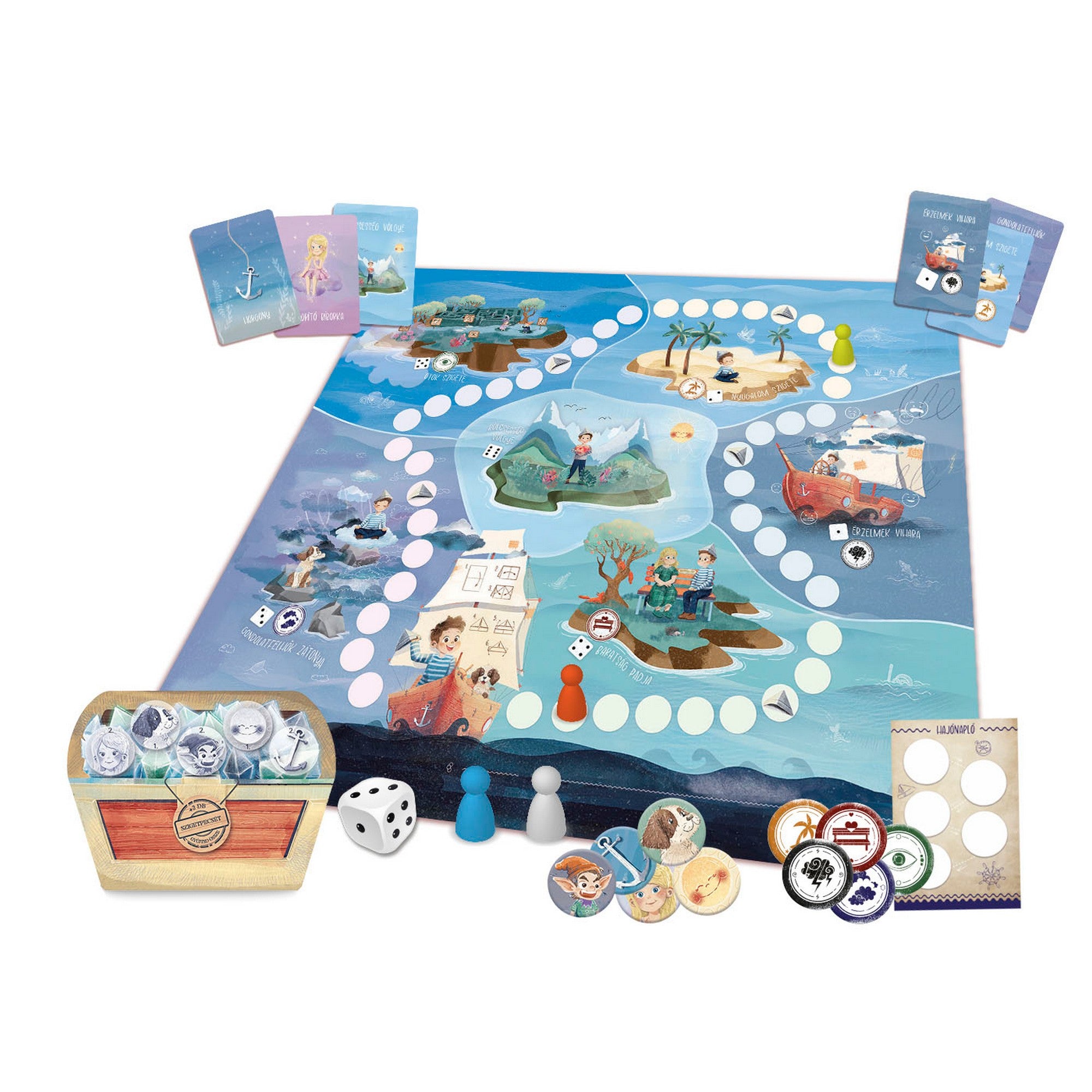 Pillanatkapitány küldetése társasjáték játéktáblája és tartozékai: bábuk, dobókocka, jelölők, kártyák és kalandos szigeteket ábrázoló pálya.