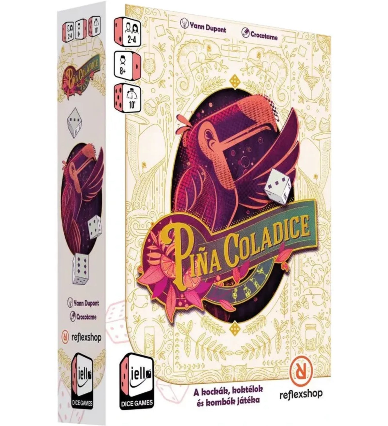 Piña Coladice magyar kiadású társasjáték doboza elegáns, trópusi hangulatú art deco grafikával, tukán motívummal és dobókocka illusztrációval.