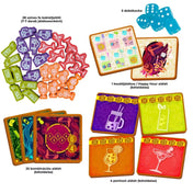 A Piña Coladice társasjáték tartalma részletesen: 5 türkizkék dobókocka, 28 színes fa koktéljelölő (pohár és üveg formák), valamint kétoldalas kombinációs és pontozó alátétek.