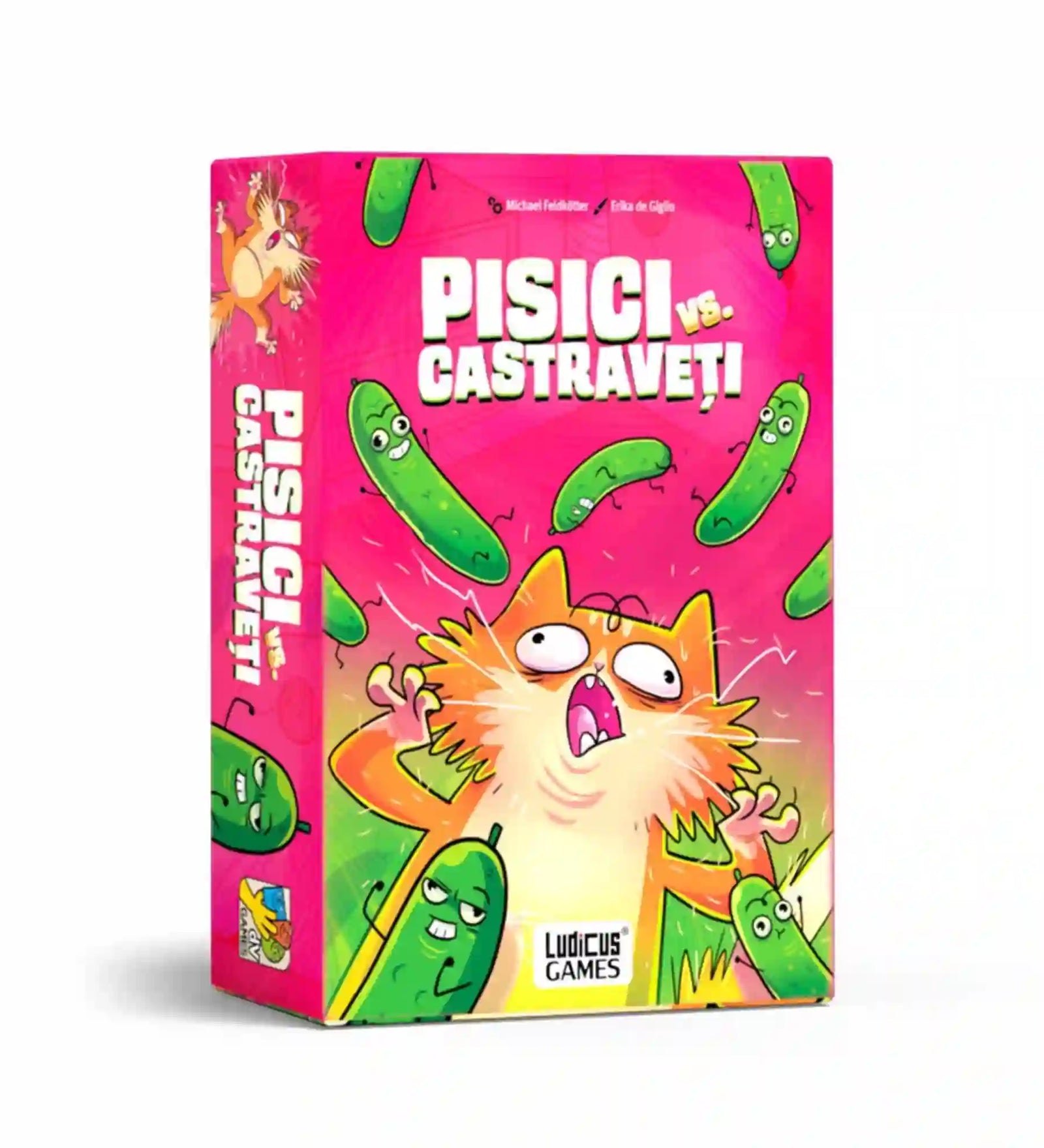 A Pisici vs. Castraveți kártyajáték dobozának hátoldala a játékleírással és a tartalom bemutatásával.