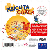 Pisicuța Carla gyerekjáték hátoldala a játék tartalmával, szabályleírással és a reflexfejlesztő elemek bemutatásával.