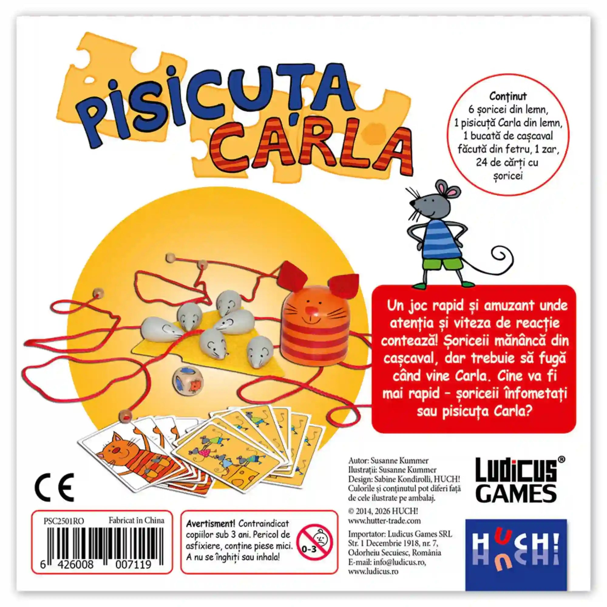 Pisicuța Carla gyerekjáték hátoldala a játék tartalmával, szabályleírással és a reflexfejlesztő elemek bemutatásával.