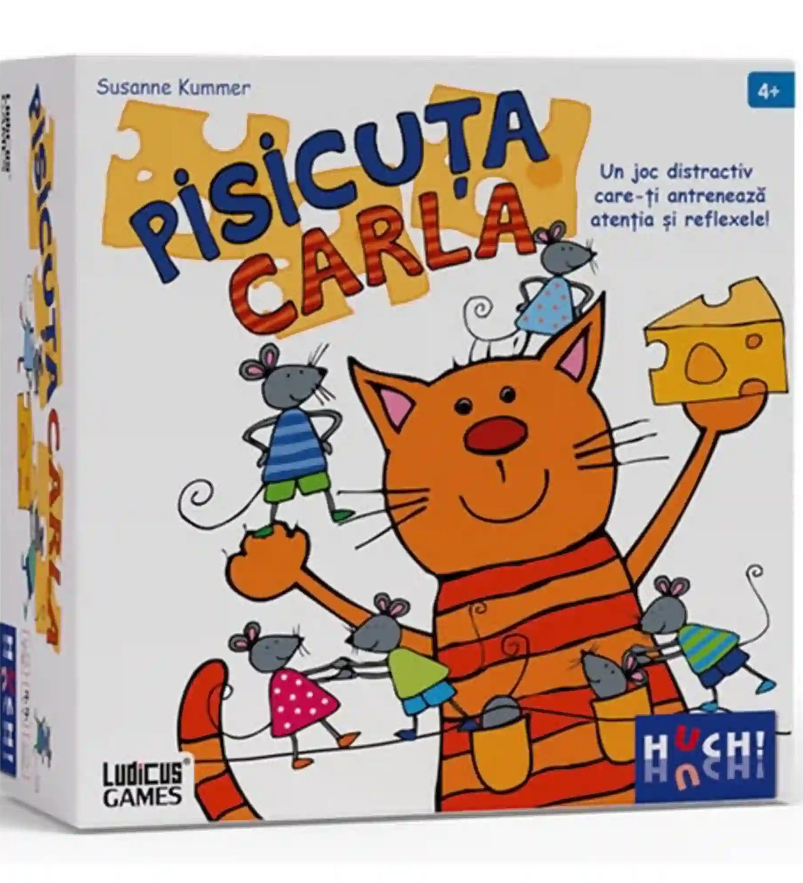 Pisicuța Carla társasjáték doboza vidám macskás és egérkés illusztrációval, gyors reflexeket fejlesztő gyerekjátékkal.