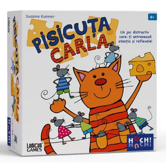 Pisicuța Carla társasjáték doboza vidám macskás és egérkés illusztrációval, gyors reflexeket fejlesztő gyerekjátékkal.
