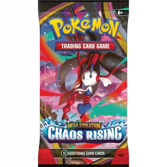 Pokémon TCG: Mega Evolution Chaos Rising booster csomag Mesprit karakteres borítóval és 10 additional game cards felirattal.