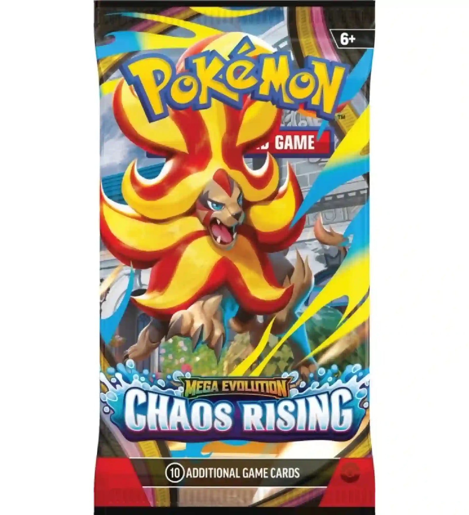 Pokémon TCG: Mega Evolution Chaos Rising booster csomag tűzoroszlán Pokémon grafikával és látványos kék-sárga dizájnnal.