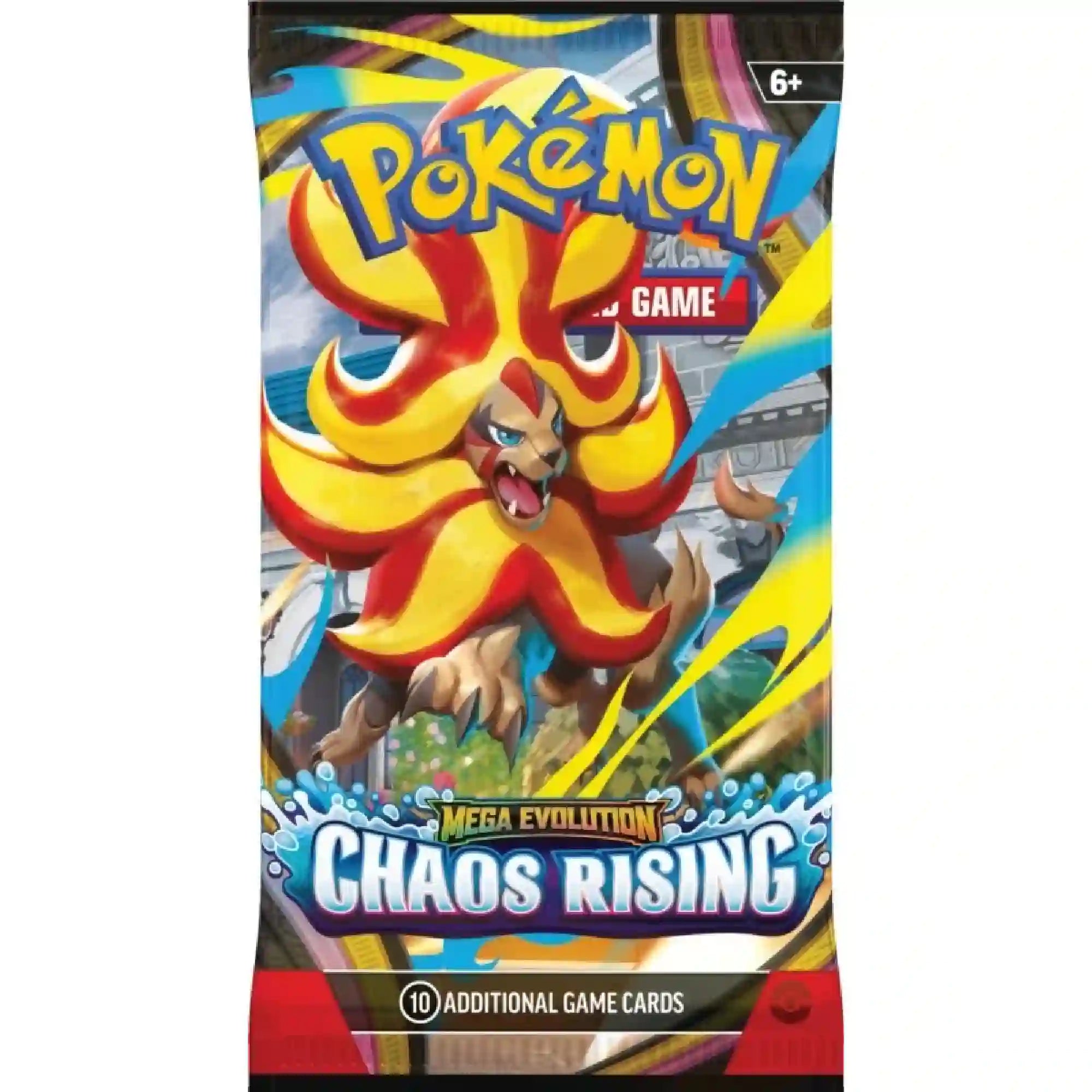 Pokémon TCG: Mega Evolution Chaos Rising booster csomag tűzoroszlán Pokémon grafikával és látványos kék-sárga dizájnnal.