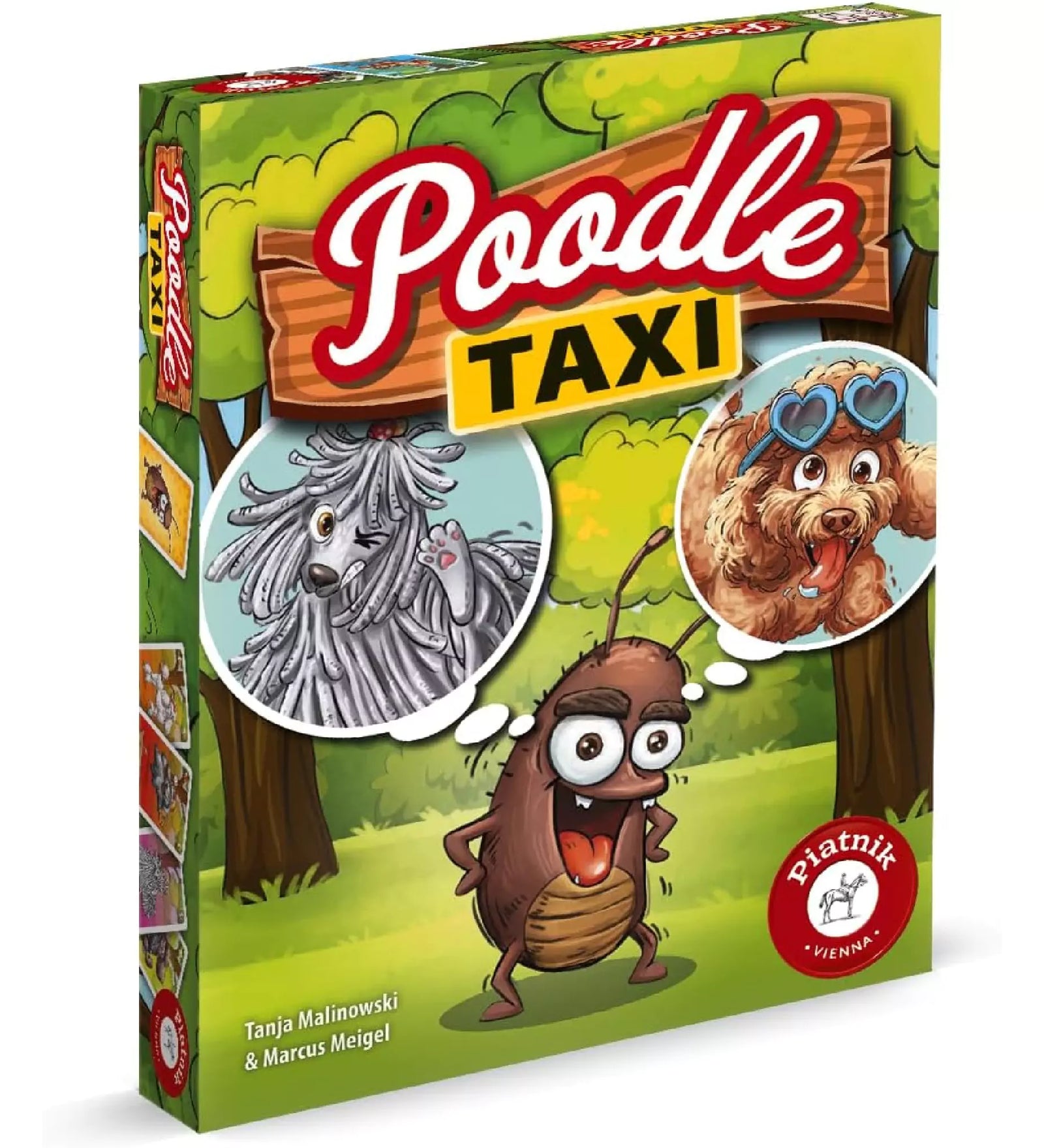 A Poodle Taxi társasjáték színes, vidám doboza, amelyen egy rajzolt csótány álmodozik két különböző uszkárról, háttérben erdei jelenettel.