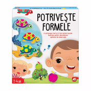 Potrivește Formele játék doboza, melyen teknősök, almafa és mosolygó gyerekek szerepelnek.