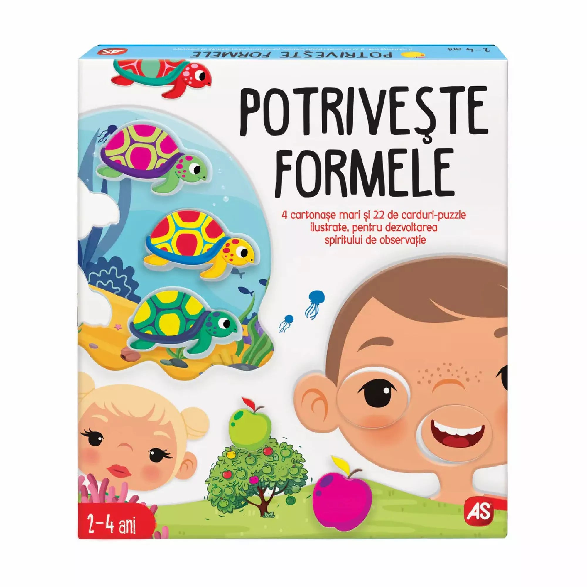Potrivește Formele játék doboza, melyen teknősök, almafa és mosolygó gyerekek szerepelnek.