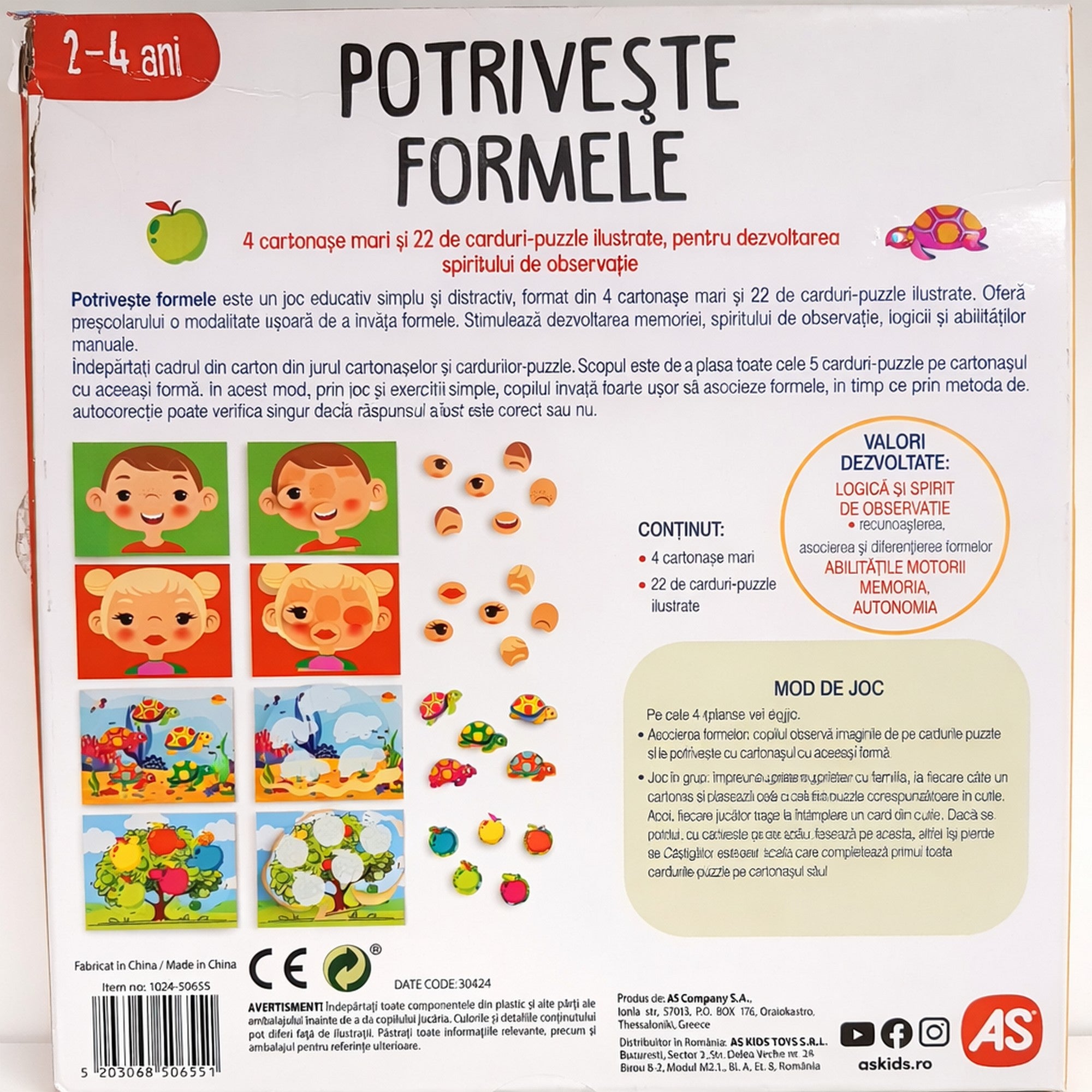 Potriveste Formele – a sérult doboz hátoldala, játékszabály és tartalom bemutatásával, illusztrált példákkal.