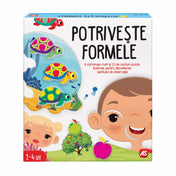 Potriveste Formele – a játék dobozának előlapja, formapárosító fejlesztőjáték 2–4 éveseknek.