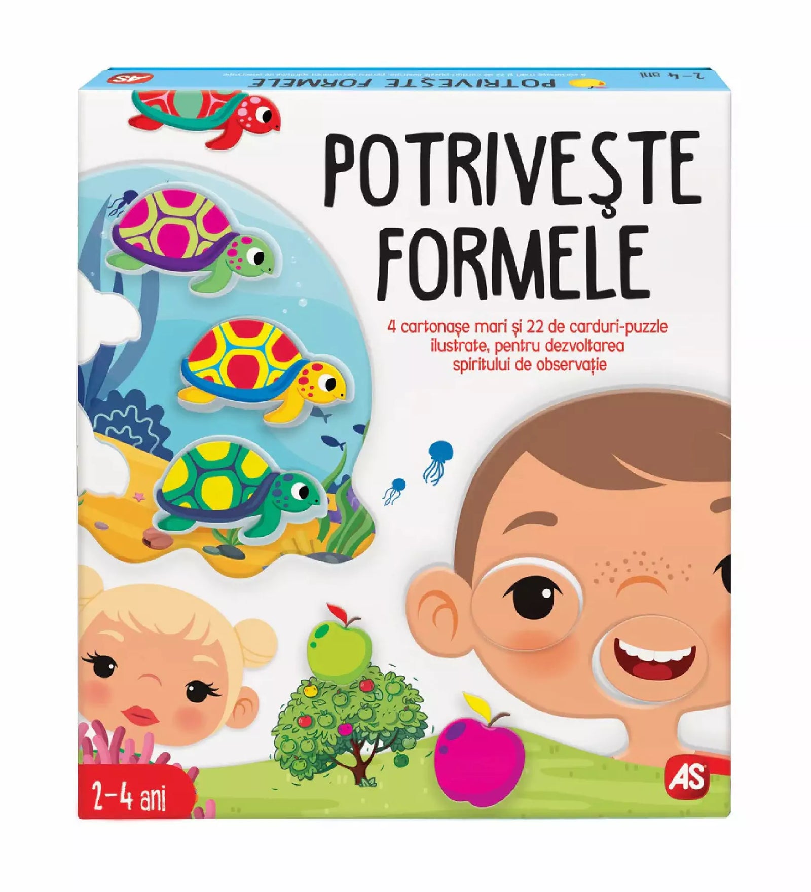 Potriveste Formele – a játék dobozának előlapja, formapárosító fejlesztőjáték 2–4 éveseknek.
