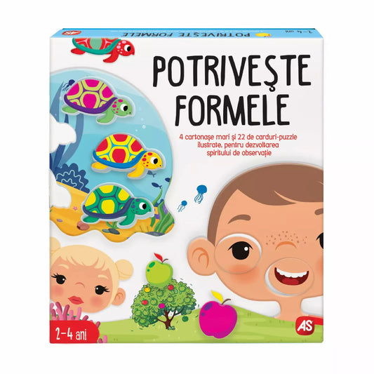 Potriveste Formele – a játék dobozának előlapja, formapárosító fejlesztőjáték 2–4 éveseknek.