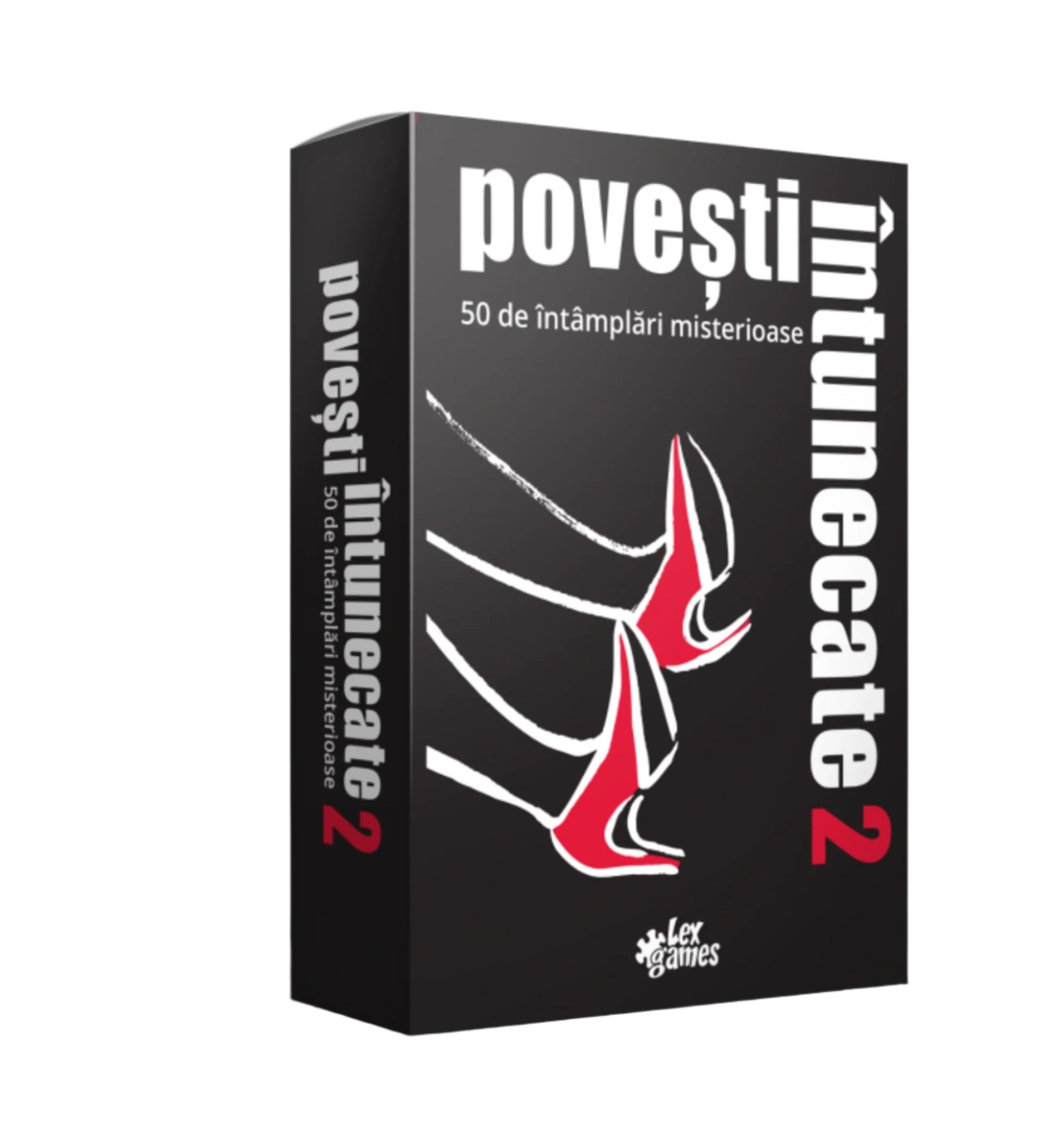 A Povești Întunecate 2 társasjáték doboza, fekete alapon vörös cipős lábnyomok illusztrációjával. A játék 50 rejtélyes és sötét történetet tartalmaz.