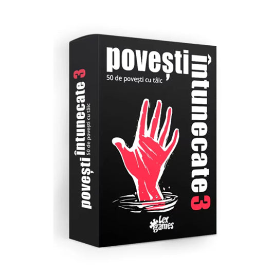 A Povești Întunecate 3 társasjáték doboza, fekete háttéren vízből kinyúló vörös kéz illusztrációjával. A játék 50 tanulságos, sötét történetet tartalmaz.