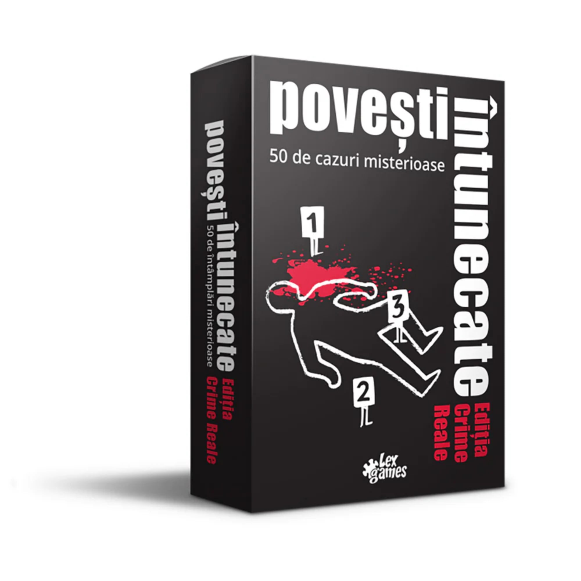 A Povești Întunecate – Edția Crime Reale társasjáték doboza, fekete alapon fehér és piros grafikával, amely egy bűntett helyszínének vázlatrajzát ábrázolja. A játék 50 rejtélyes, valós bűnügyön alapuló történetet tartalmaz.