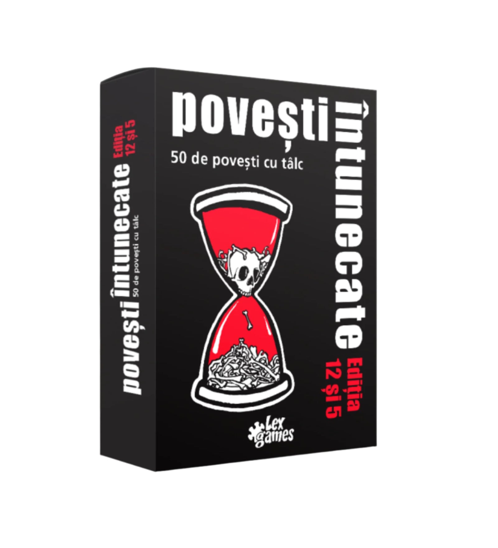A Povești Întunecate - Ediția 12 și 5 doboza, fekete alapon vörös homokórával, amelyben csontvázak láthatók. A társasjáték 50 sötét, tanulságos történetet tartalmaz.
