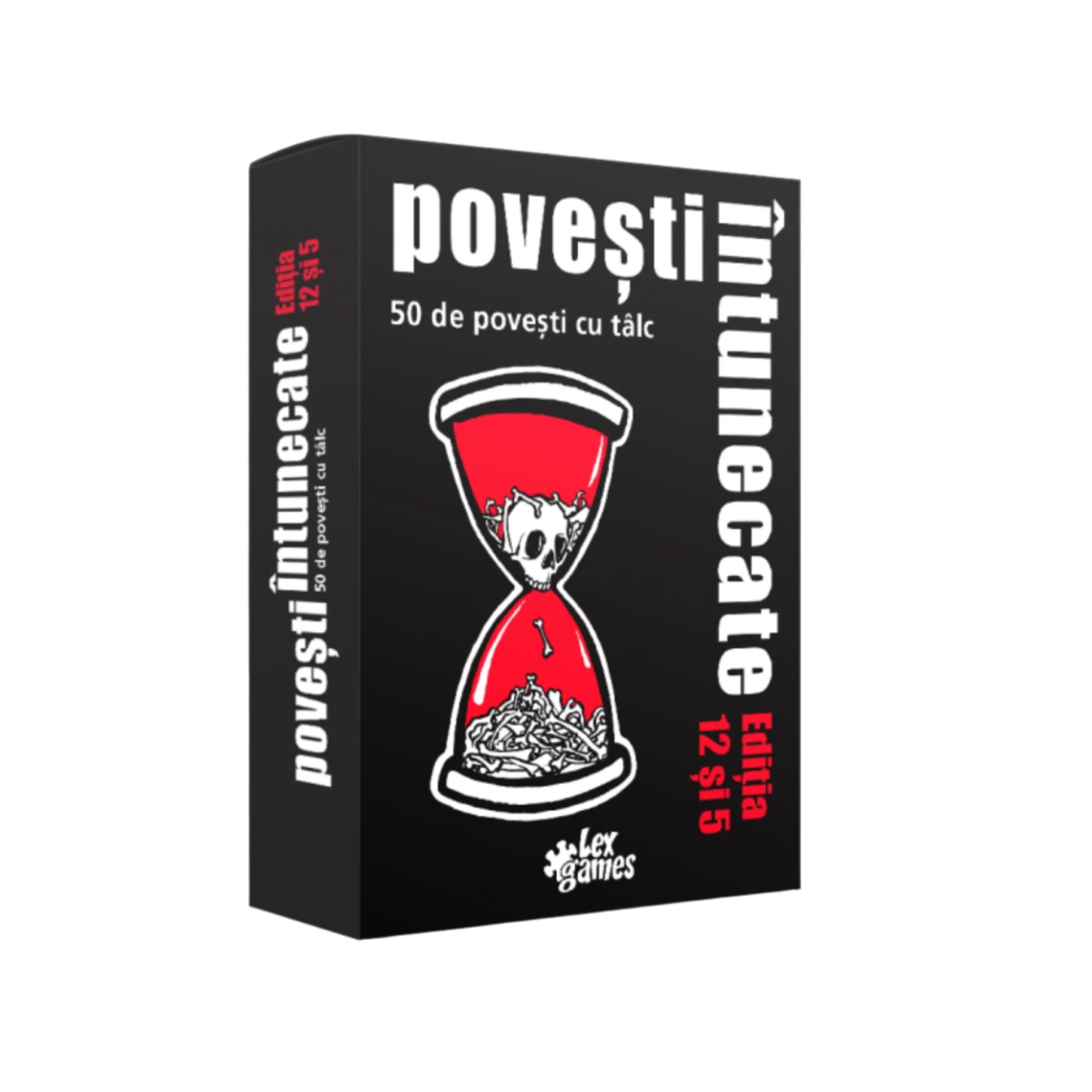 A Povești Întunecate - Ediția 12 și 5 doboza, fekete alapon vörös homokórával, amelyben csontvázak láthatók. A társasjáték 50 sötét, tanulságos történetet tartalmaz.