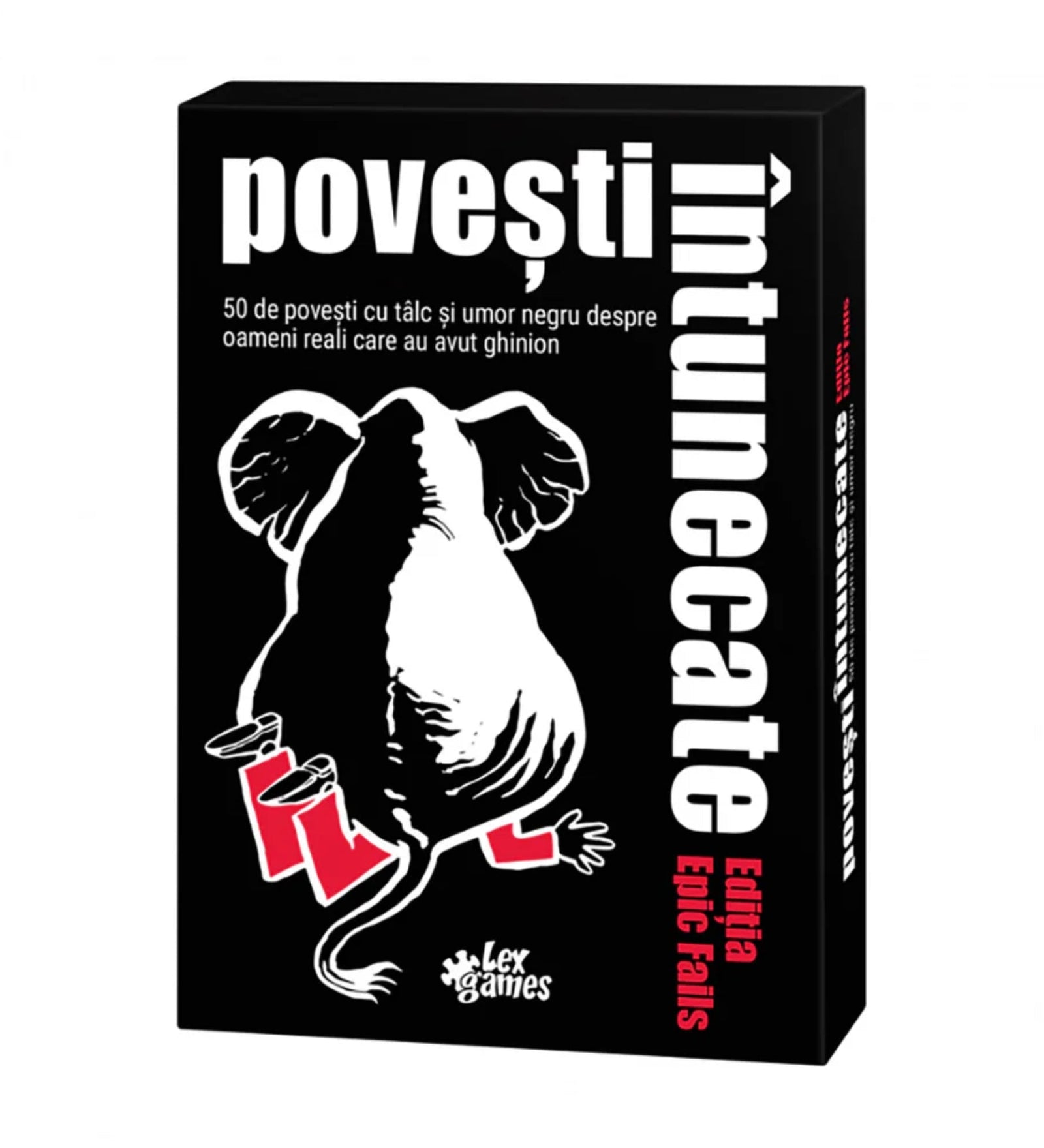 A Povești Întunecate Epic Fails doboza, amelyen egy elefánt éppen egy embert lapít el piros nadrágban – fekete humorral fűszerezett történeteket tartalmazó társasjáték.