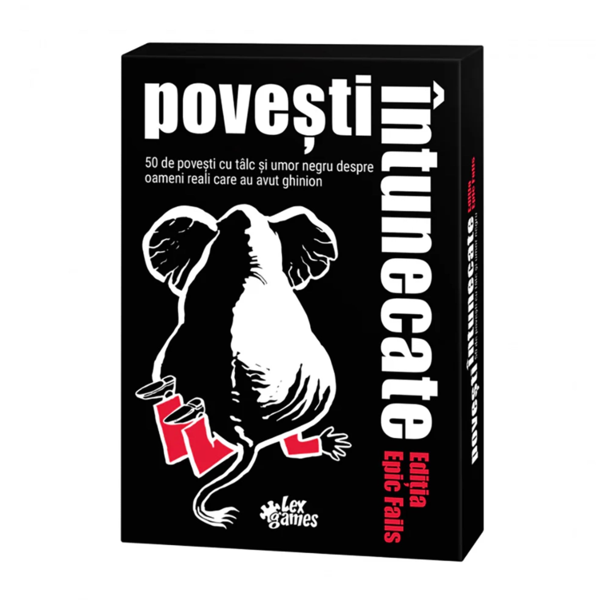 A Povești Întunecate Epic Fails doboza, amelyen egy elefánt éppen egy embert lapít el piros nadrágban – fekete humorral fűszerezett történeteket tartalmazó társasjáték.