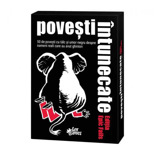 A Povești Întunecate Epic Fails doboza, amelyen egy elefánt éppen egy embert lapít el piros nadrágban – fekete humorral fűszerezett történeteket tartalmazó társasjáték.