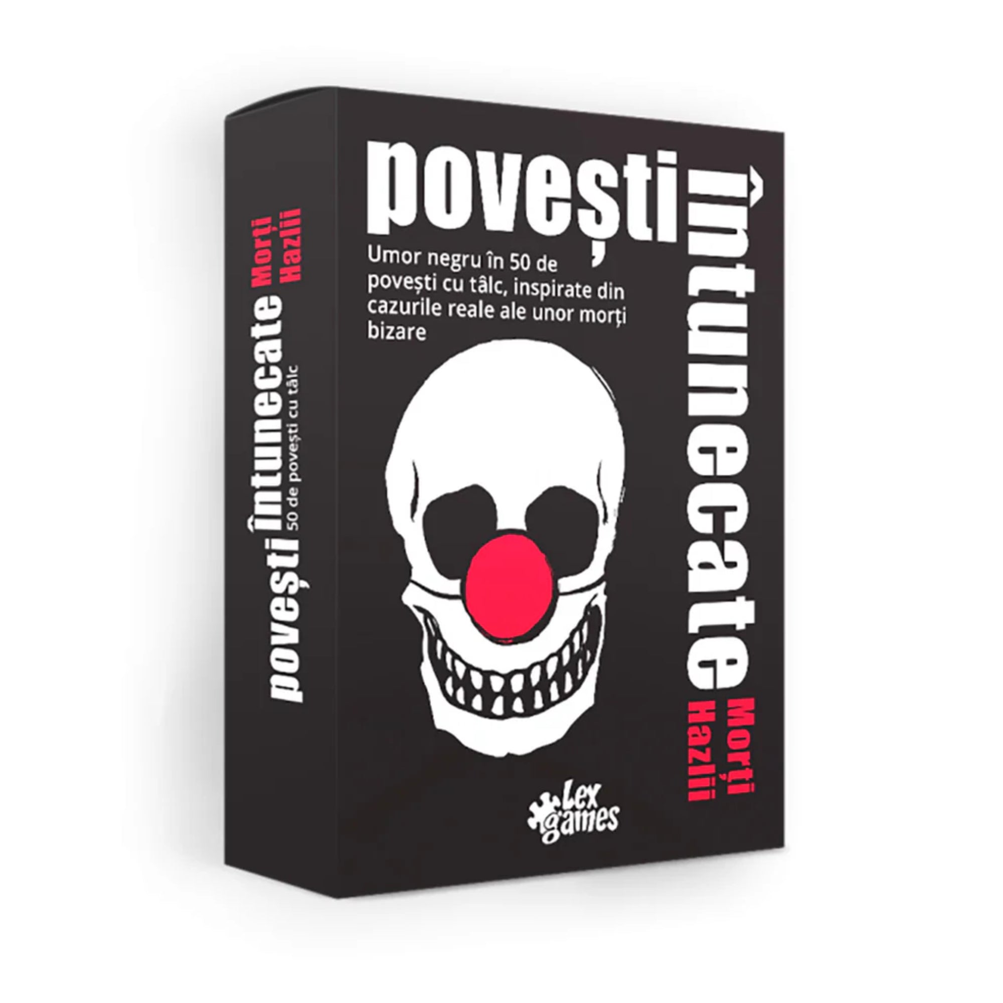 A Povești Întunecate Morți Hazlii társasjáték doboza, amelyen egy piros bohócorrot viselő koponya látható – fekete humorral átszőtt, bizarr haláleseteken alapuló 50 tanulságos történetet tartalmaz.