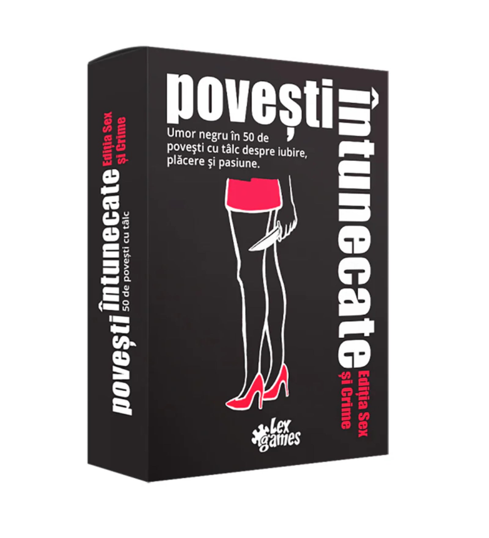 A Povești Întunecate Sex și Crime társasjáték doboza, amelyen egy késsel a kezében álló női alak látható piros szoknyában és magas sarkú cipőben – 50 fekete humorú, tanulságos történet a szenvedély, szerelem és bűntények témájában