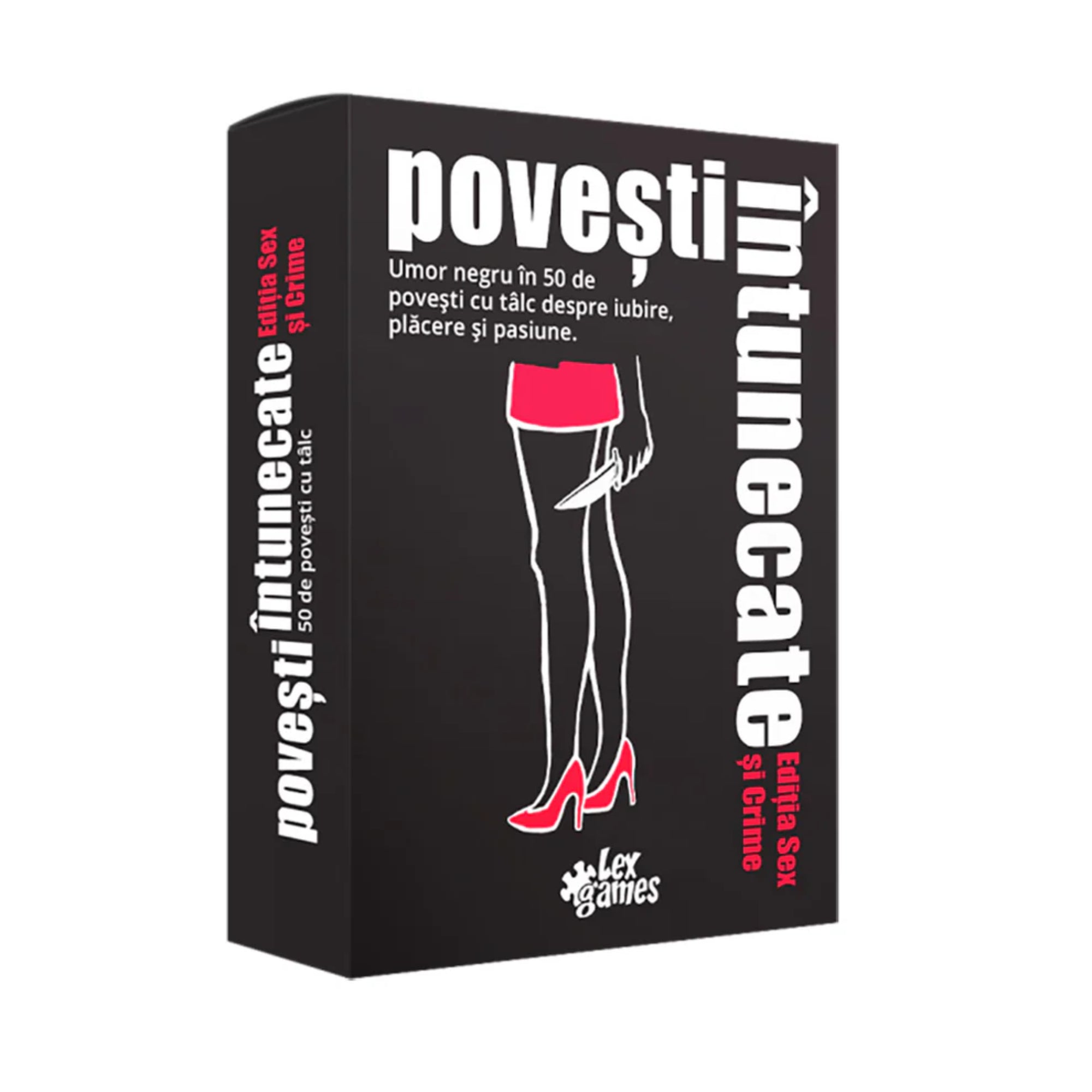A Povești Întunecate Sex și Crime társasjáték doboza, amelyen egy késsel a kezében álló női alak látható piros szoknyában és magas sarkú cipőben – 50 fekete humorú, tanulságos történet a szenvedély, szerelem és bűntények témájában