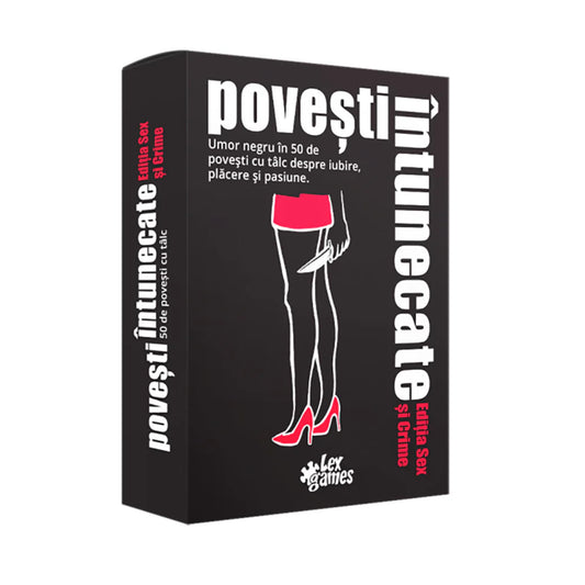 A Povești Întunecate Sex și Crime társasjáték doboza, amelyen egy késsel a kezében álló női alak látható piros szoknyában és magas sarkú cipőben – 50 fekete humorú, tanulságos történet a szenvedély, szerelem és bűntények témájában