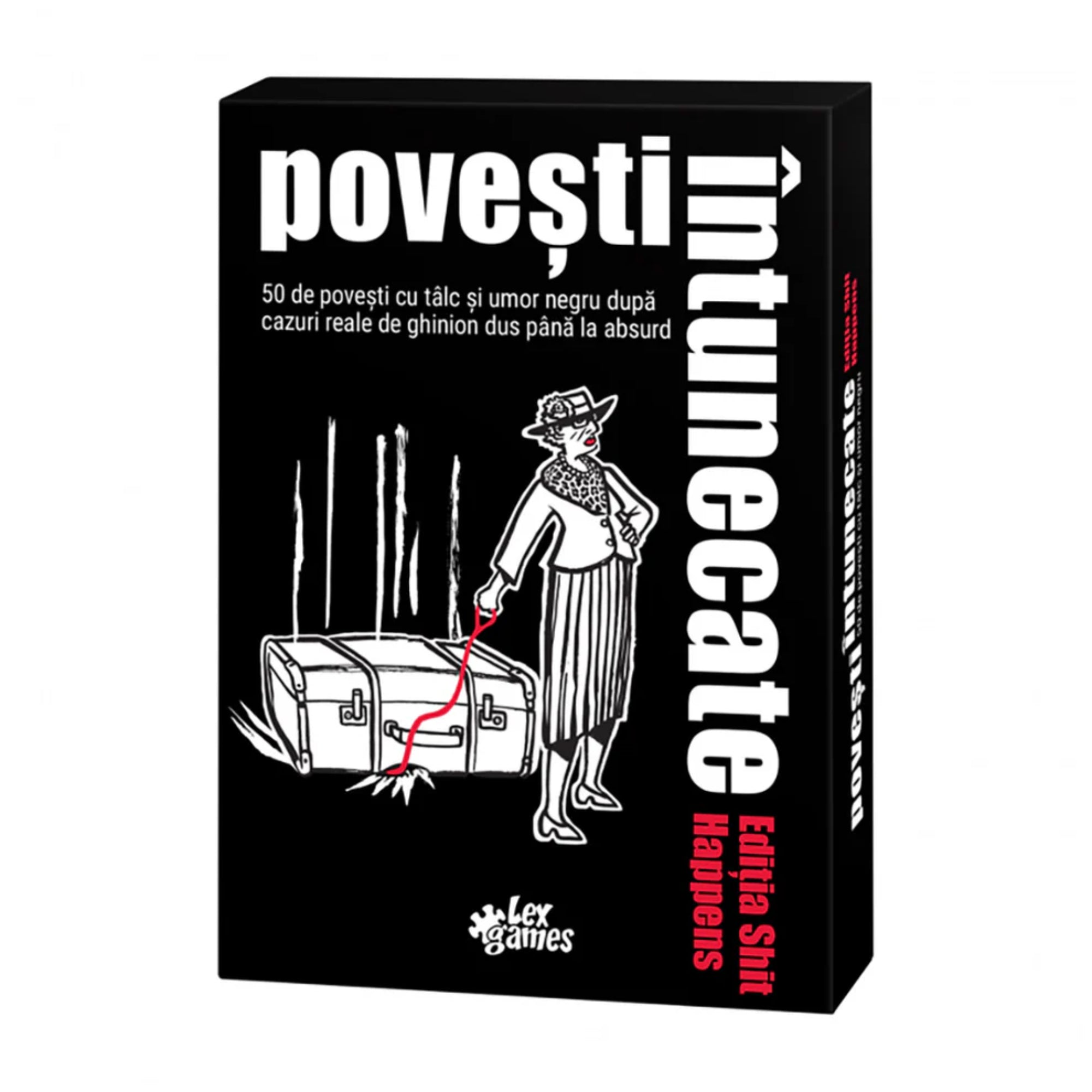 A Povești Întunecate Shit Happens társasjáték doboza, amelyen egy idős nő húz maga után egy vérnyomot hagyó bőröndöt – a fekete humorral átszőtt sorozat ezen kiadása 50 abszurd balszerencsés, valós eseteken alapuló történetet tartalmaz.