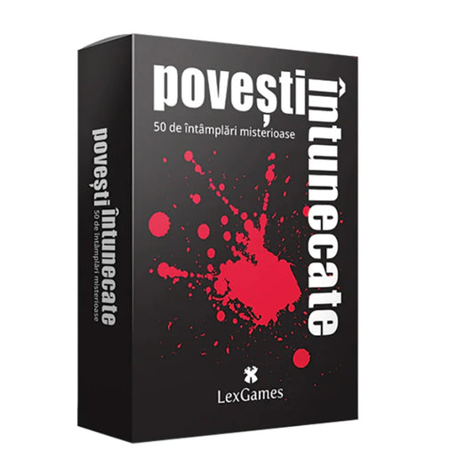 A Povești Întunecate társasjáték doboza, amelyen vérfröccsenéses mintázat látható – a játék 50 rejtélyes, sötét történetet tartalmaz.