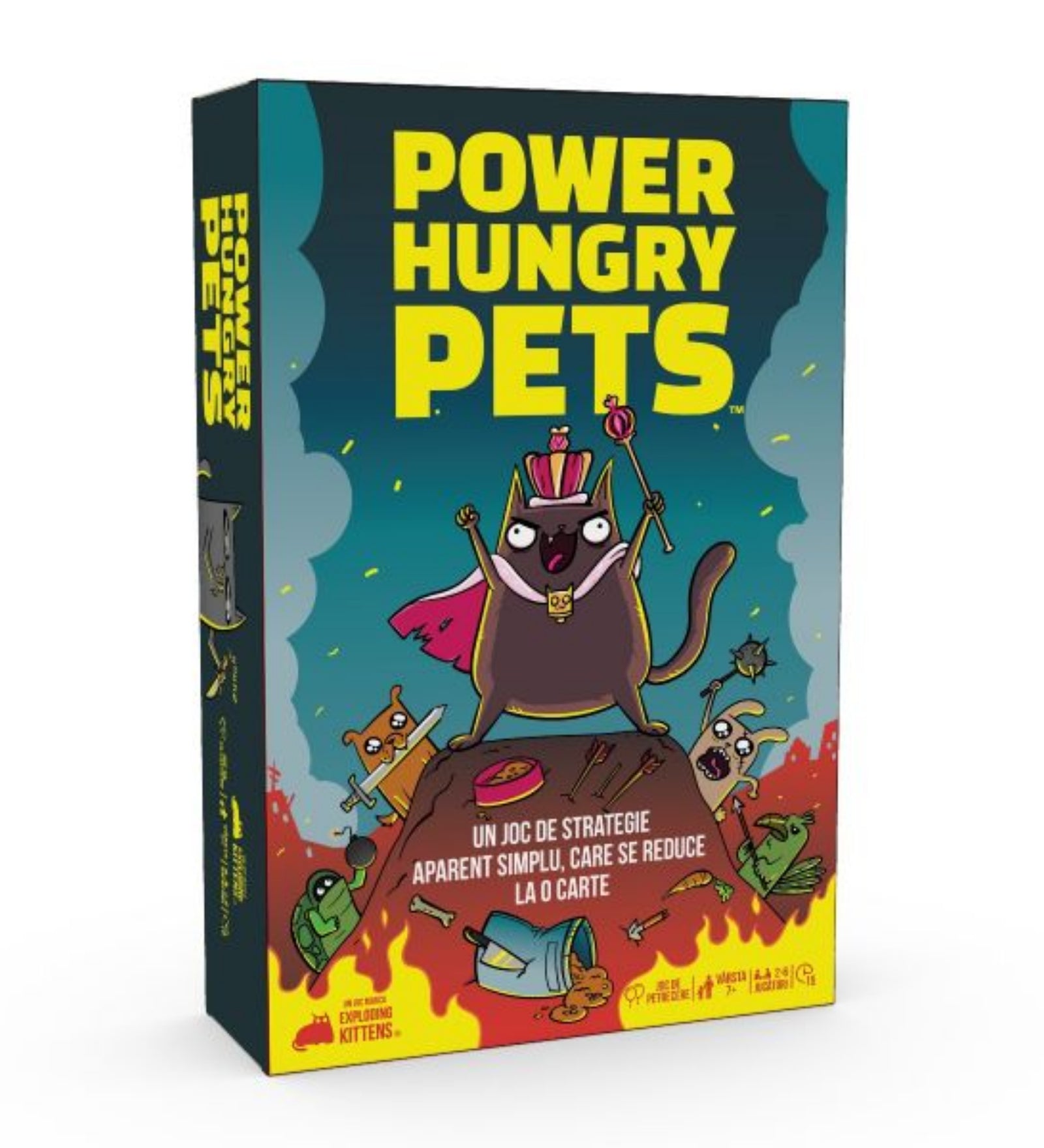 Power Hungry Pets társasjáték doboza színes, humoros állatfigurákkal, középen koronás macskával, alatta a szlogen: ’Un joc de strategie aparent simplu’.”