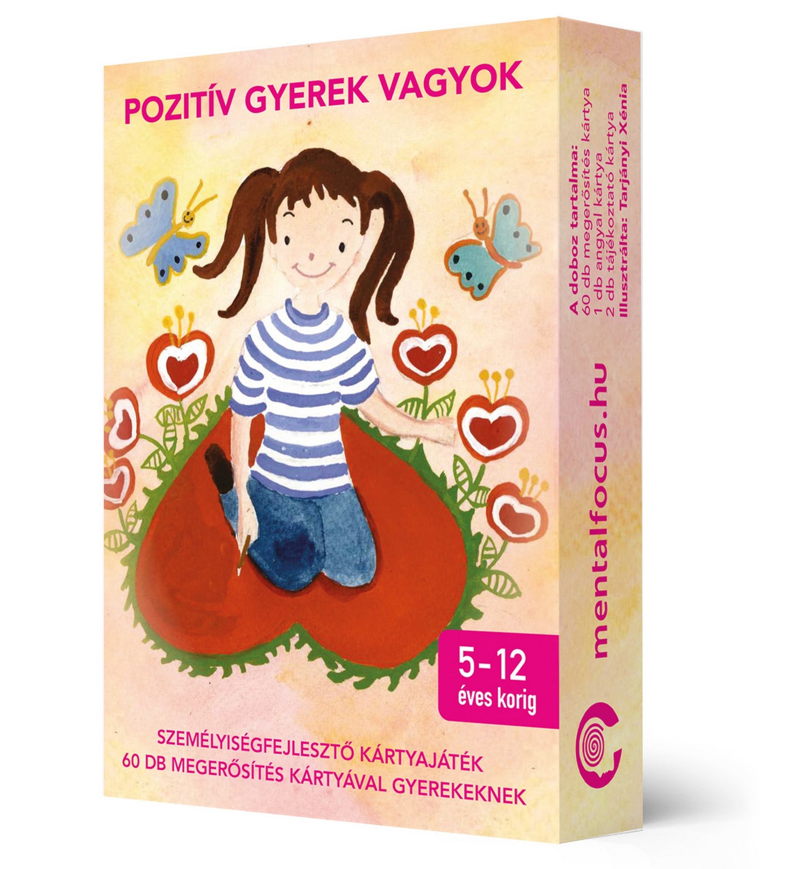 Pozitív gyerek vagyok személyiségfejlesztő kártyajáték doboza, 60 megerősítő kártyával 5–12 éves gyerekeknek.