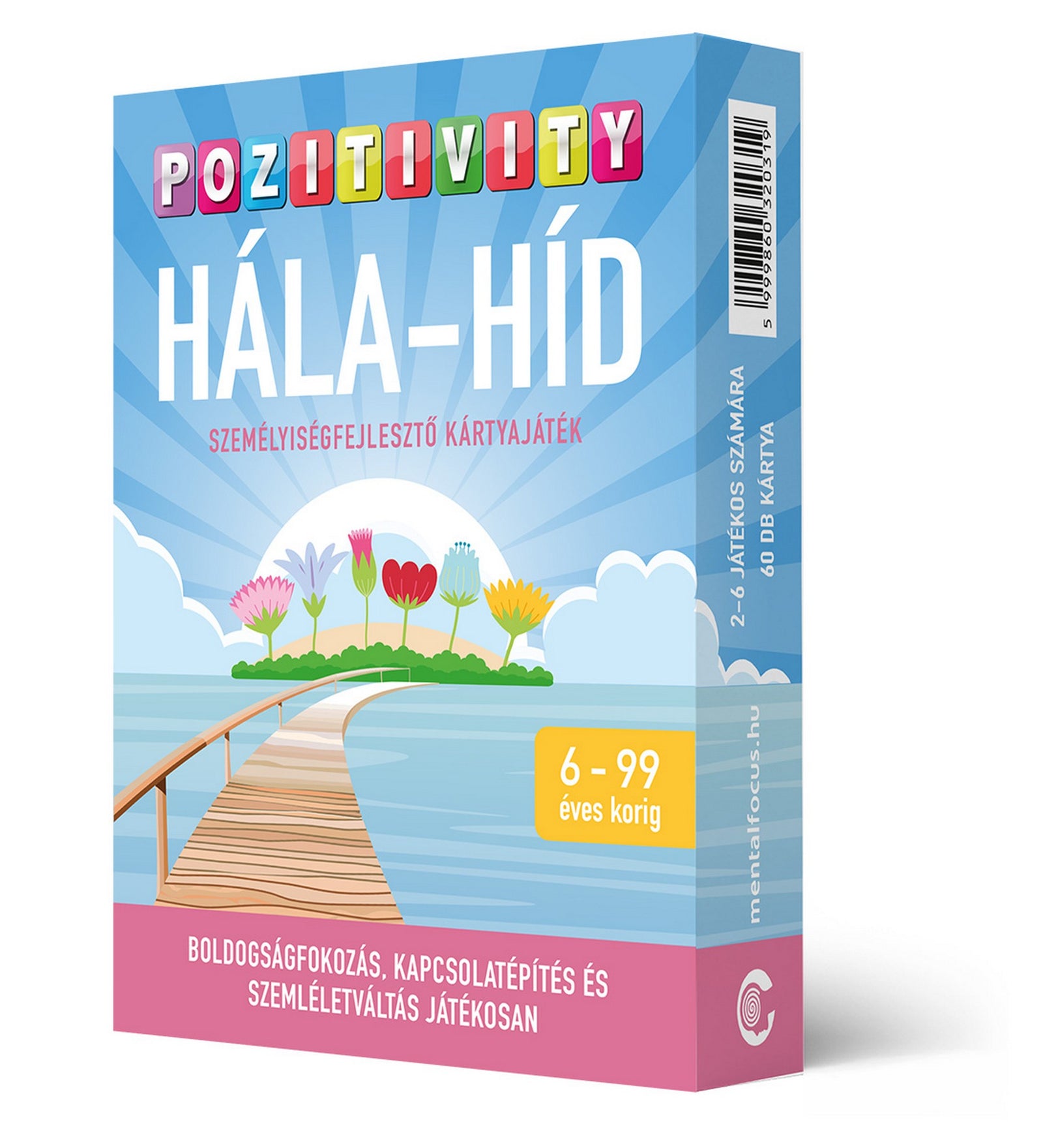 Pozitivity Hála-híd személyiségfejlesztő kártyajáték doboza, 6–99 éveseknek szóló hálagyakorlatos társasjáték.