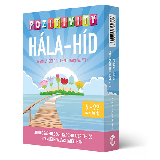 Pozitivity Hála-híd személyiségfejlesztő kártyajáték doboza, 6–99 éveseknek szóló hálagyakorlatos társasjáték.