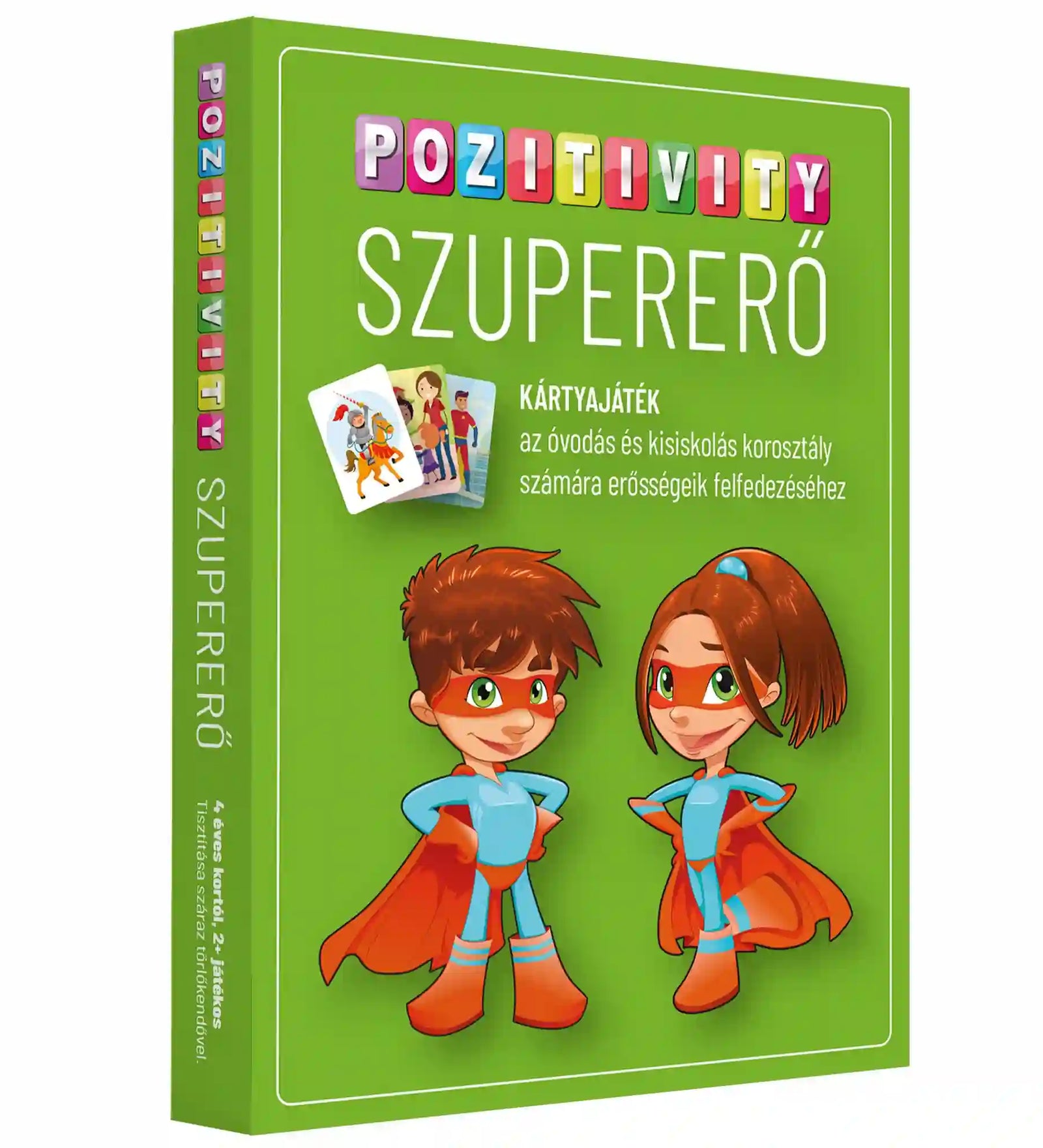 Pozitivity Szupererő kártyajáték doboz: Zöld doboz „Pozitivity Szupererő” felirattal, gyerekeknek szóló fejlesztő kártyajáték erősségek felfedezéséhez.