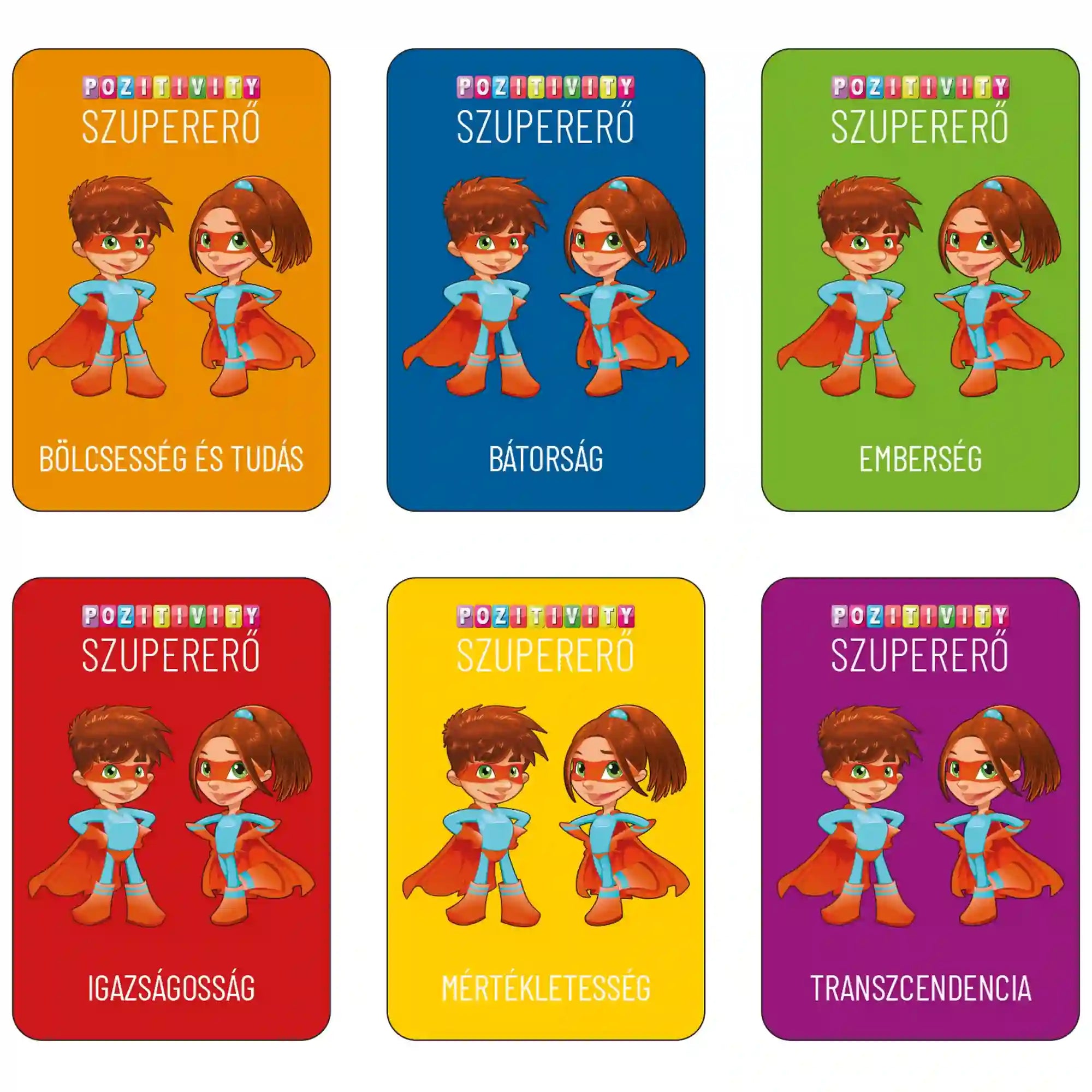 Pozitivity Szupererő kártyajáték – erények kártyák: Színes kártyák „Pozitivity Szupererő” felirattal, szuperhős fiú és lány figurákkal, különböző erények (bátorság, emberség, igazságosság) bemutatásával.