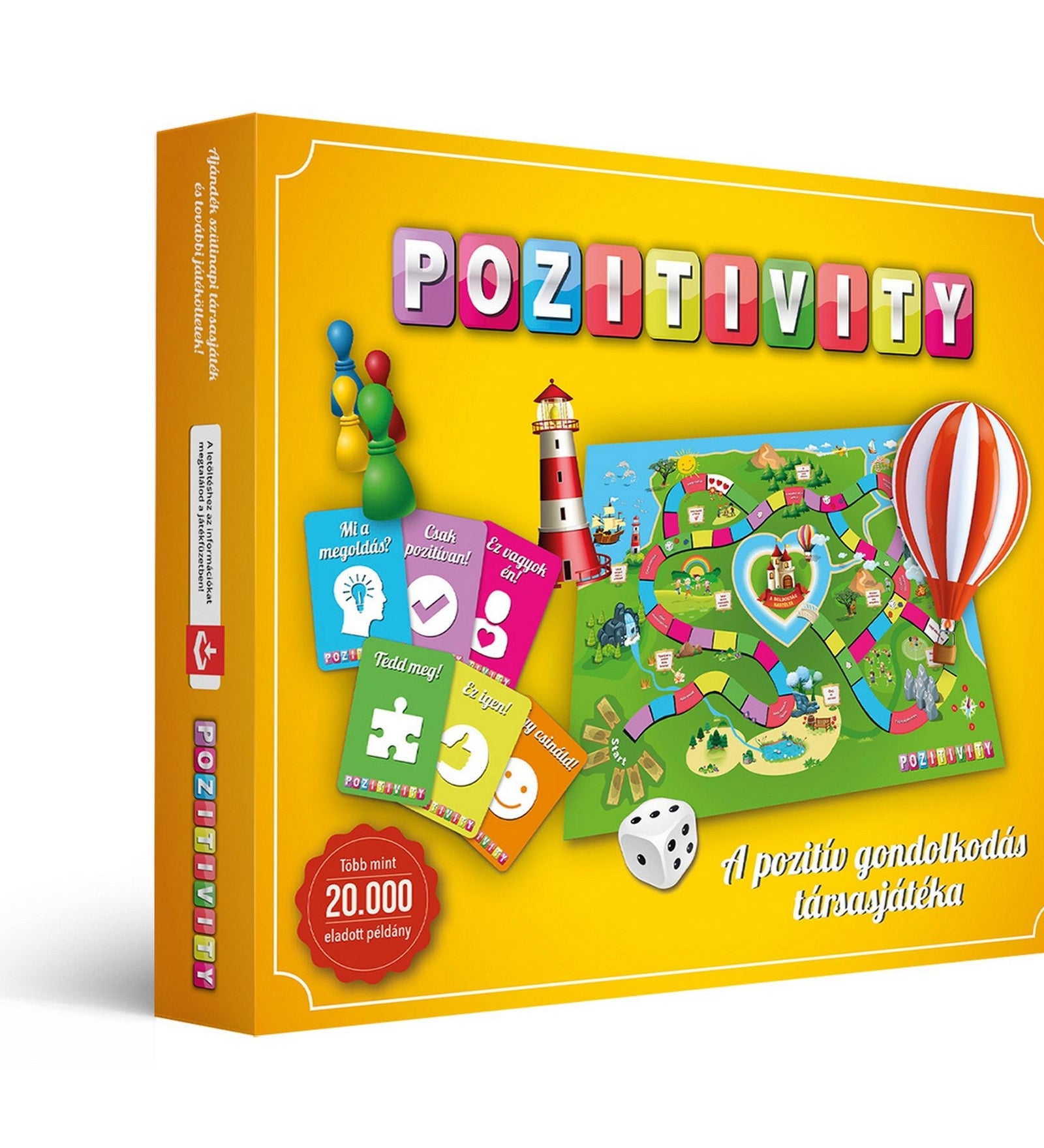 Pozitivity – A pozitív gondolkodás társasjátéka doboza, színes játéktáblával, kártyákkal, bábukkal és dobókockával.
