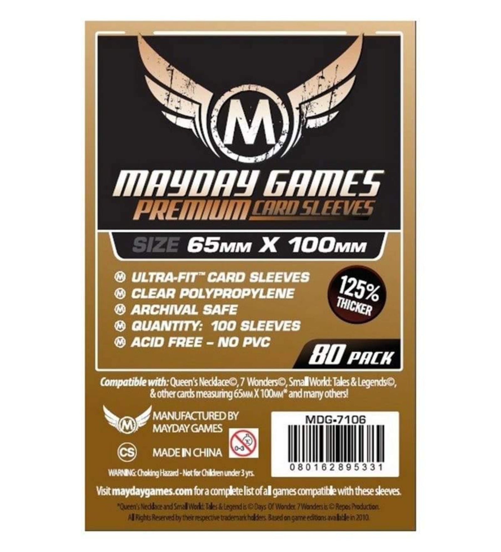 Mayday Games Premium Card Sleeves 65x100 mm 80 pack kártyavédő csomagolás hátoldala, barna-fekete dizájnnal és részletes termékinformációkkal.