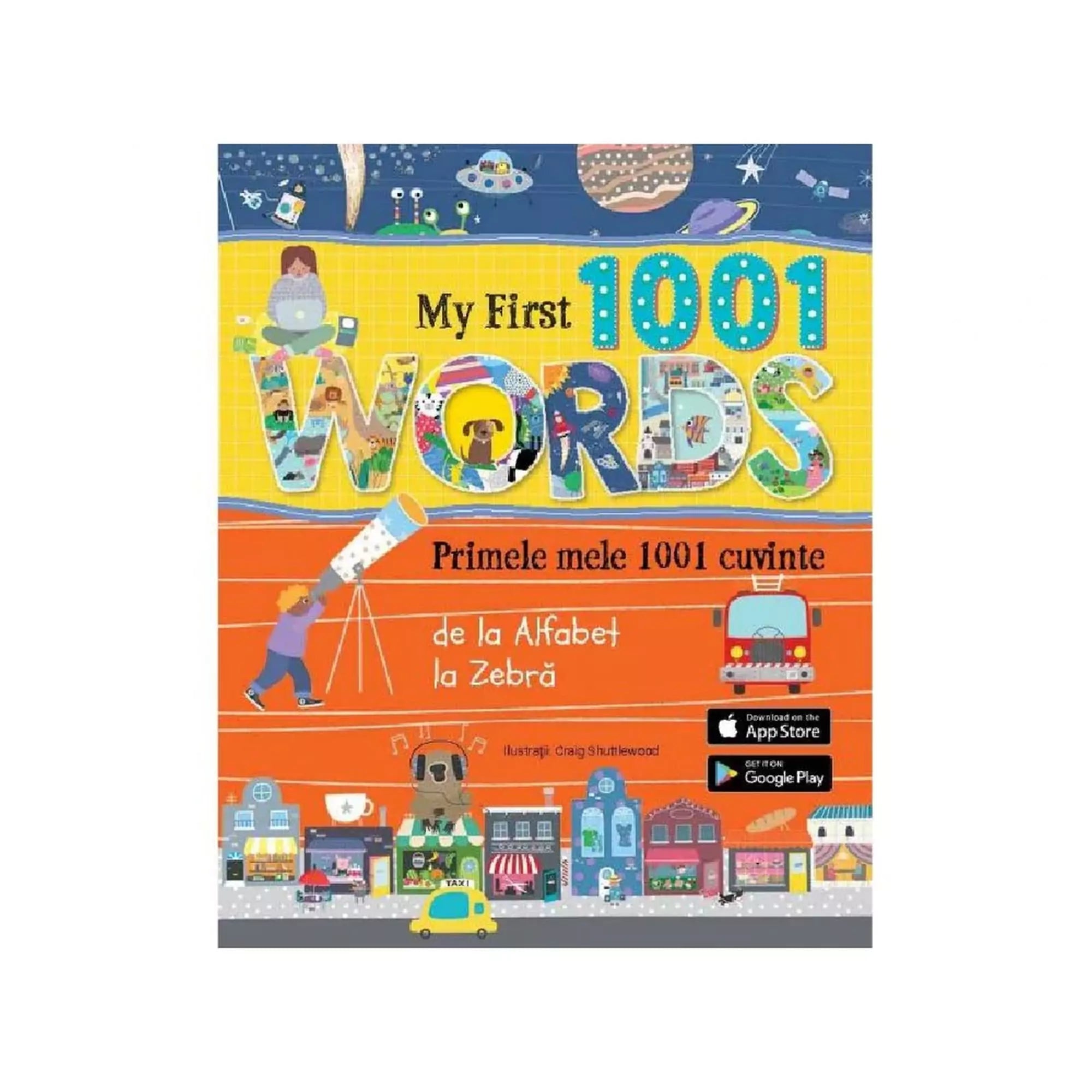 My First 1001 Words – Primele mele 1001 cuvinte gyermekkönyv borítója, amely színes illusztrációkkal segíti a szókincs fejlesztését.