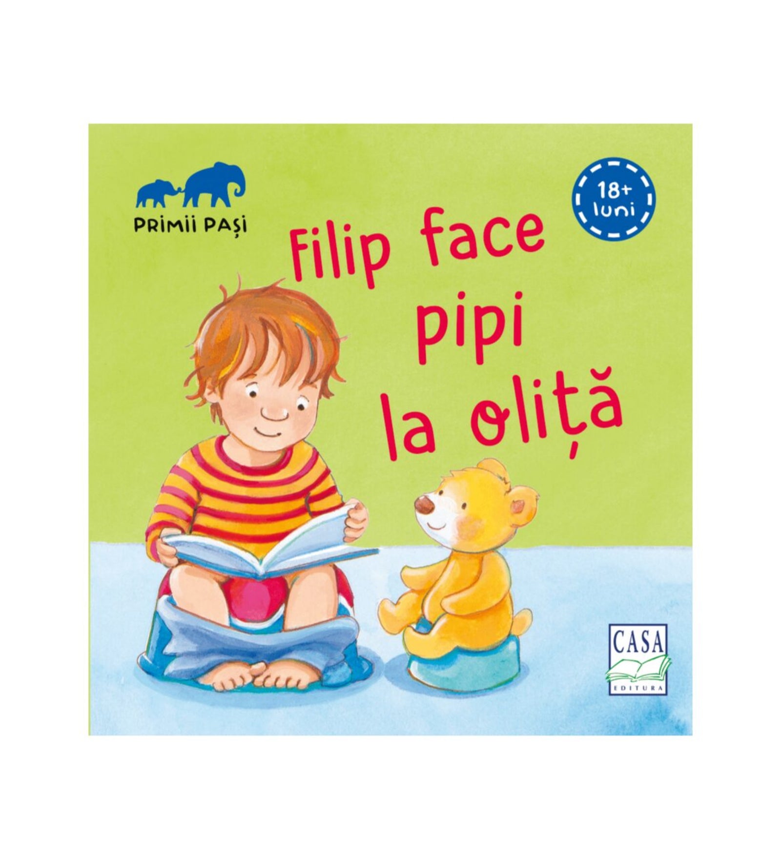 „Filip face pipi la oliță” román nyelvű gyerekkönyv borítója, amelyen egy kisfiú ül a bilire, könyvet olvasva, mellette egy maci szintén biliben ül.