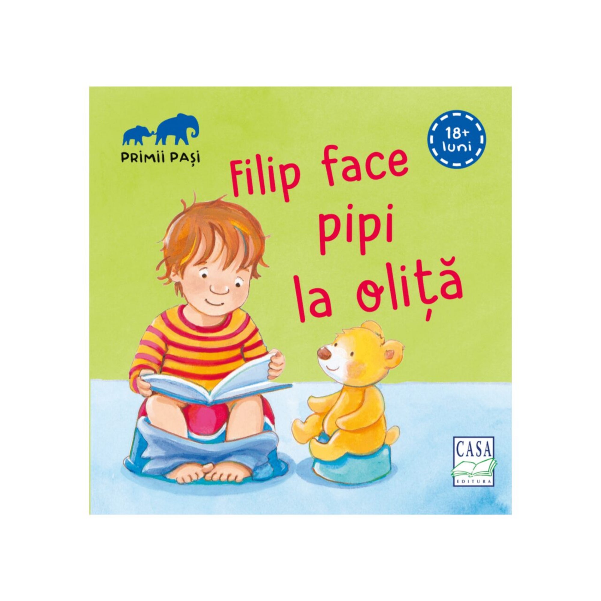 „Filip face pipi la oliță” román nyelvű gyerekkönyv borítója, amelyen egy kisfiú ül a bilire, könyvet olvasva, mellette egy maci szintén biliben ül.