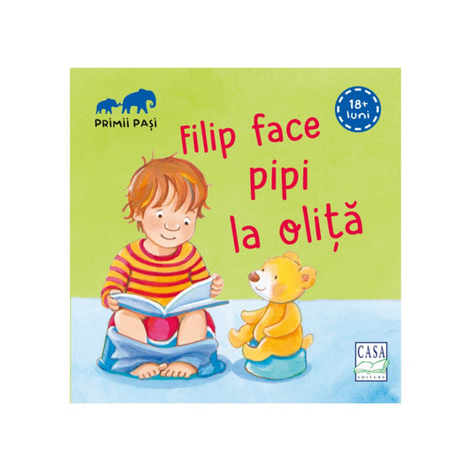 „Filip face pipi la oliță” román nyelvű gyerekkönyv borítója, amelyen egy kisfiú ül a bilire, könyvet olvasva, mellette egy maci szintén biliben ül.