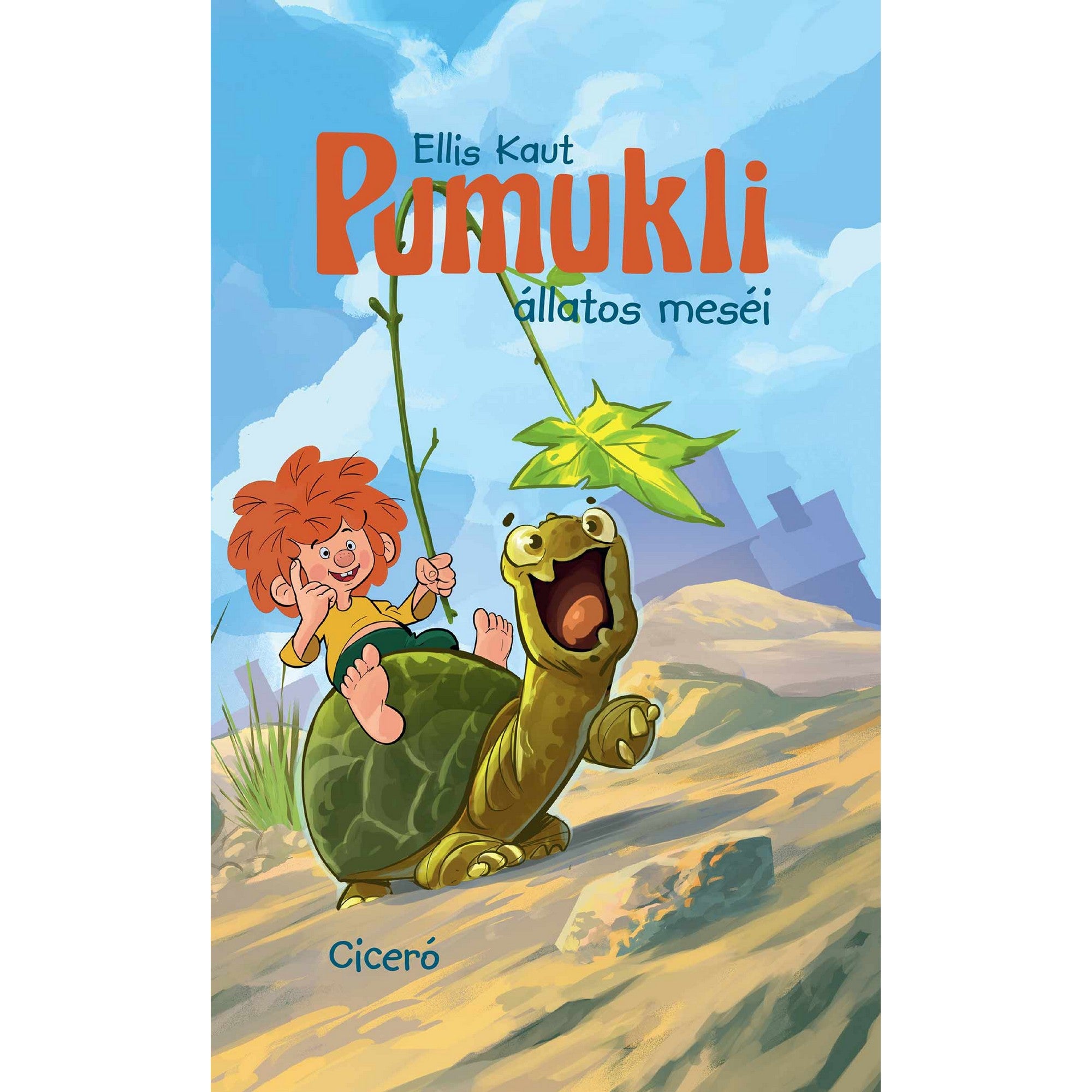 „A Pumukli állatos meséi könyv borítója, amelyen Pumukli vidáman lovagol egy széles mosolyú teknősbékán, zöld levelet lengetve kék ég és homokos táj hátterében.”