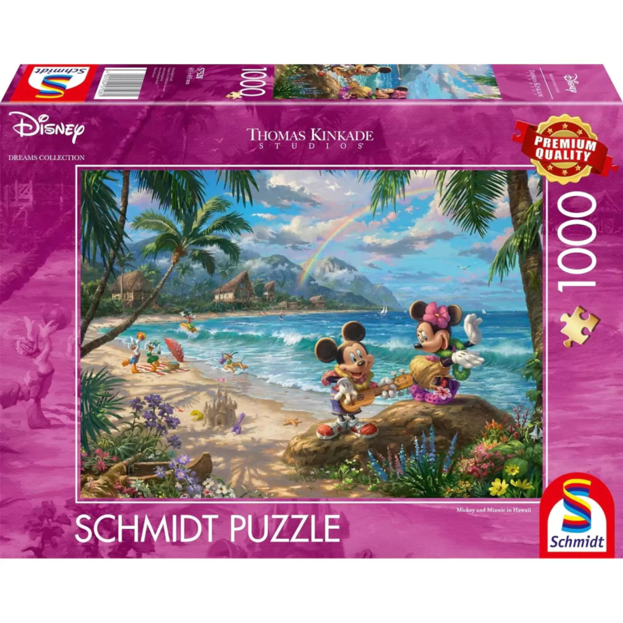 A képen Mickey és Minnie egymás társaságát élvezik egy festői hawaii tengerparton. A háttérben pálmafák, homokvárak, barátaik, sőt még egy szivárvány is látható, miközben a hullámok lágyan mossák a partot. A Thomas Kinkade stílusában készült illusztráció melegséget és varázst áraszt – tökéletes pillanat egy különleges Disney kirakóhoz.