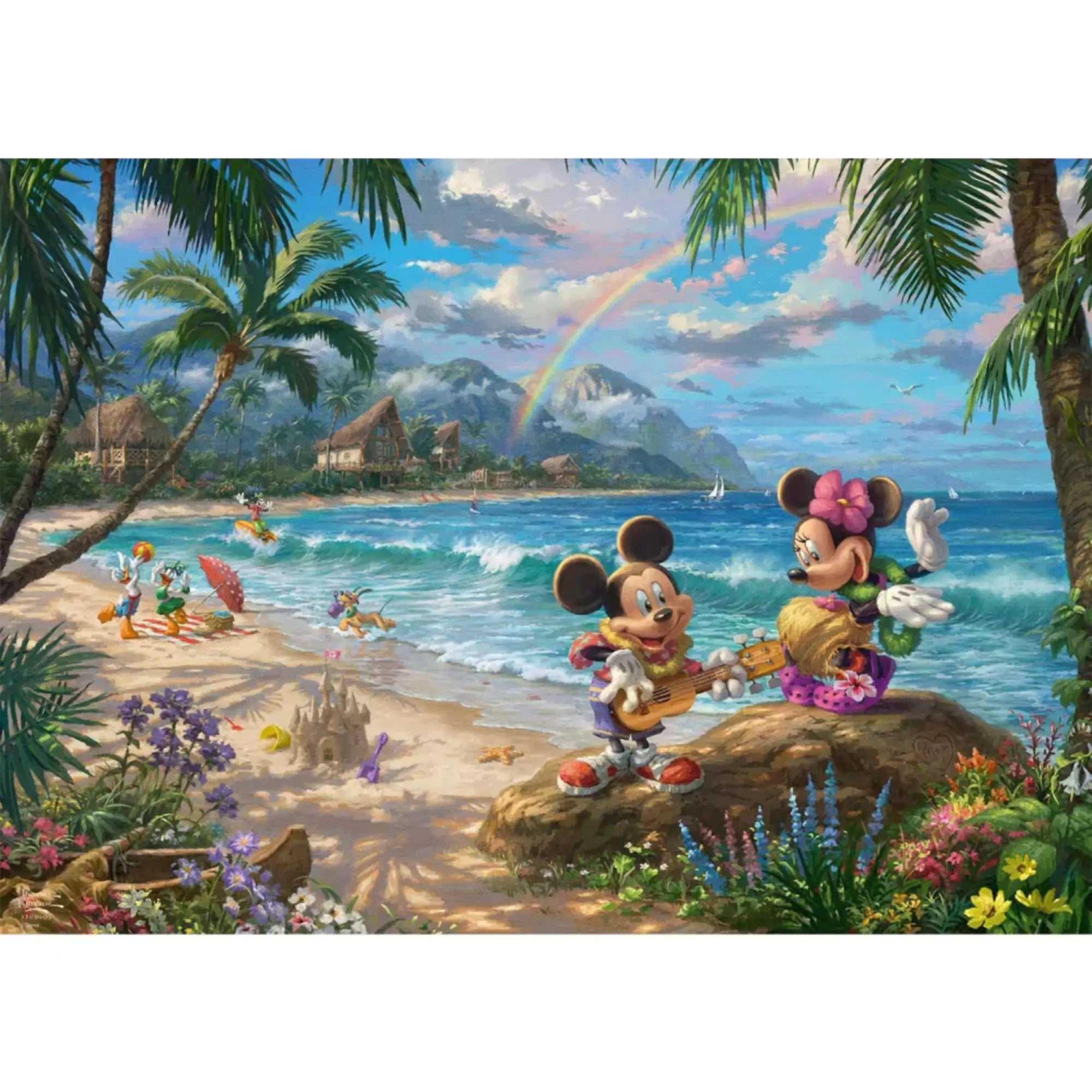 A képen Mickey egér ukulelézik Minnie egérnek egy gyönyörű hawaii tengerparton, háttérben szivárvánnyal, virágokkal, homokvárral és pálmafákkal. Az idilli jelenetet barátaik, Donald és Daisy kacsák, valamint a napsütéses, trópusi táj teszik teljessé. A kép tele van melegséggel, vidámsággal és nyaralási hangulattal.