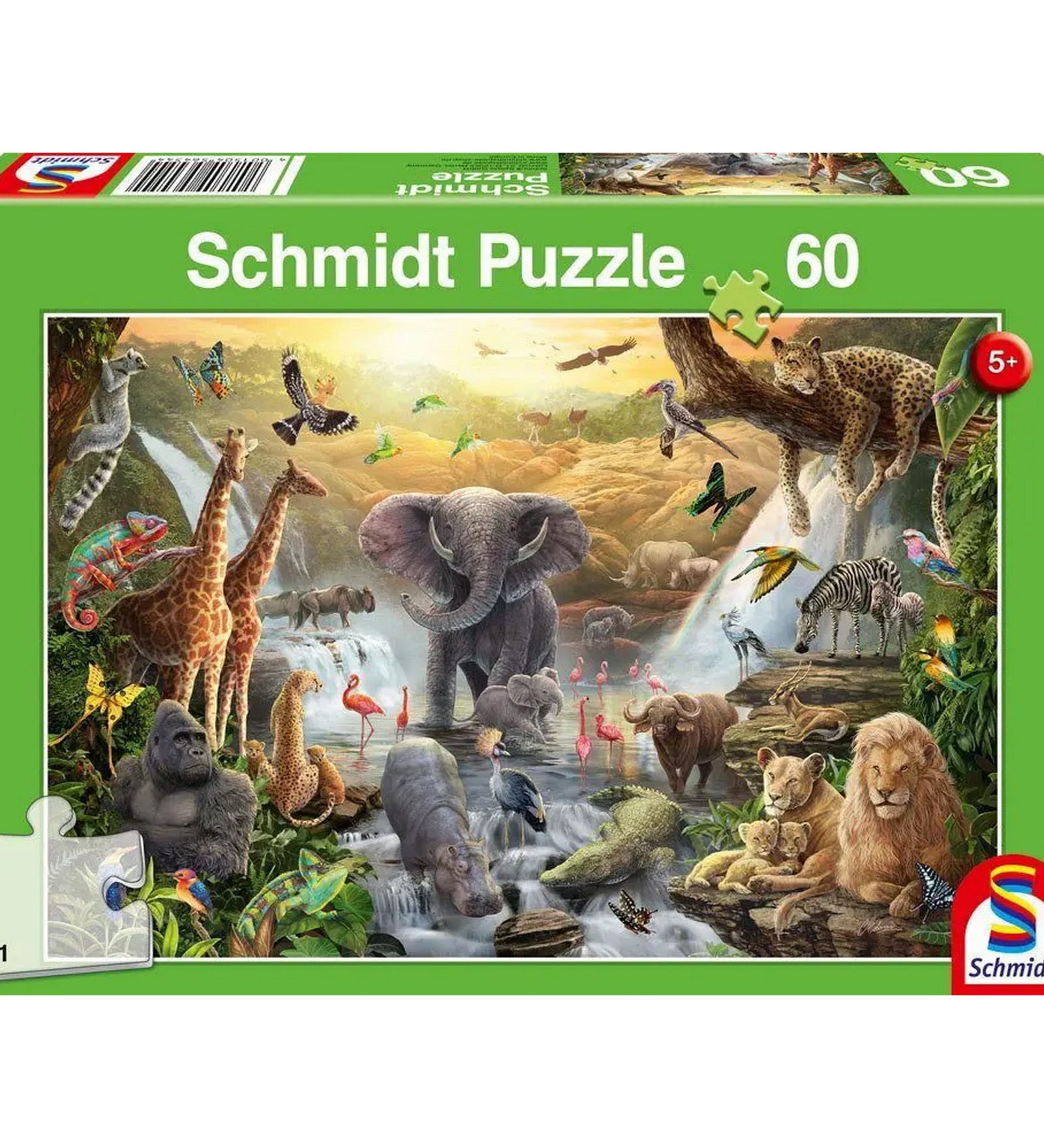 Schmidt Puzzle 60 darabos kirakó doboza, afrikai vadállatokat ábrázoló képpel, elefánttal, zsiráfokkal, oroszlánokkal és vízeséssel, 5+ jelöléssel.