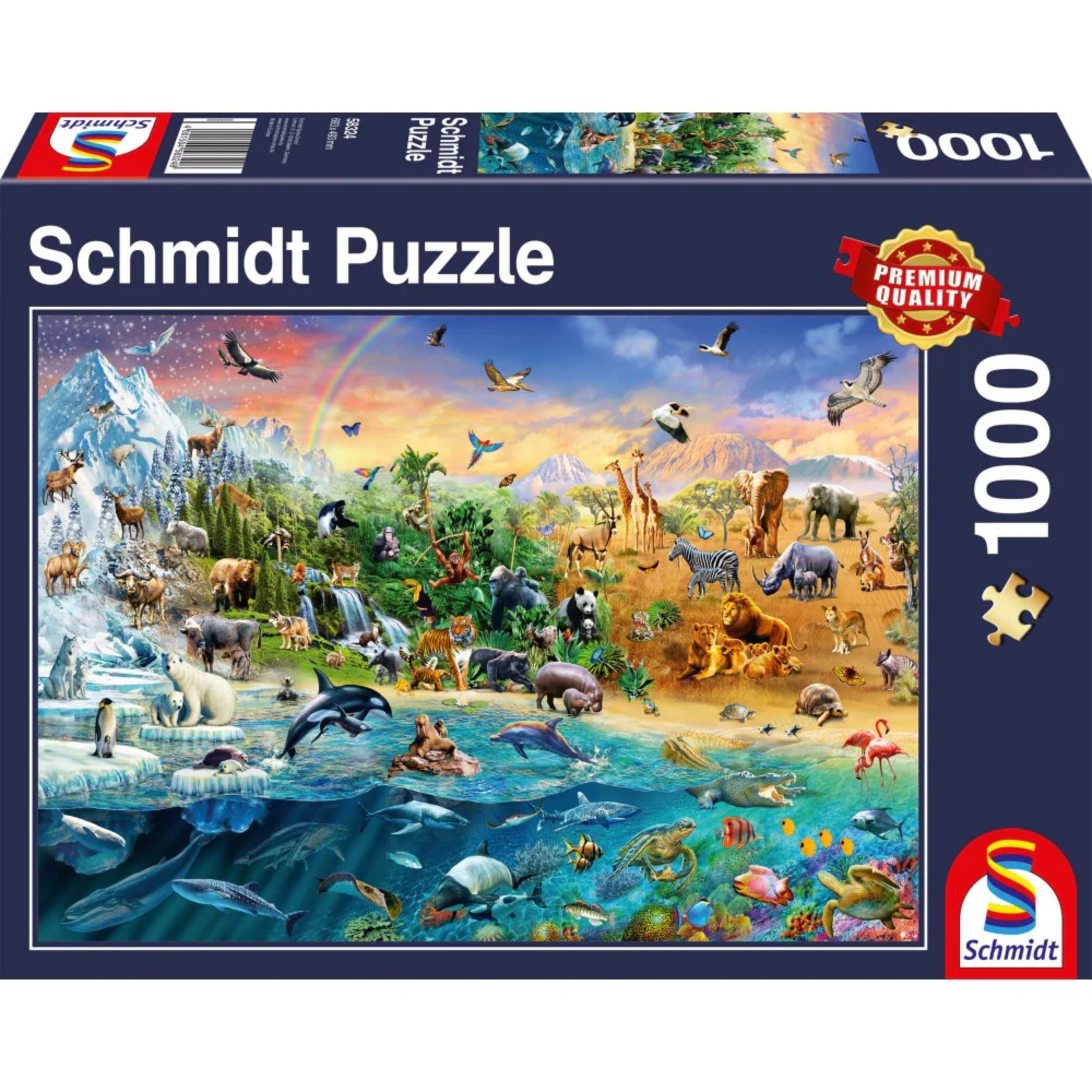 Schmidt Puzzle 1000 db – dobozkép, színes illusztrációval, amely a világ különböző élőhelyein élő állatokat ábrázolja szárazföldön, levegőben és víz alatt.