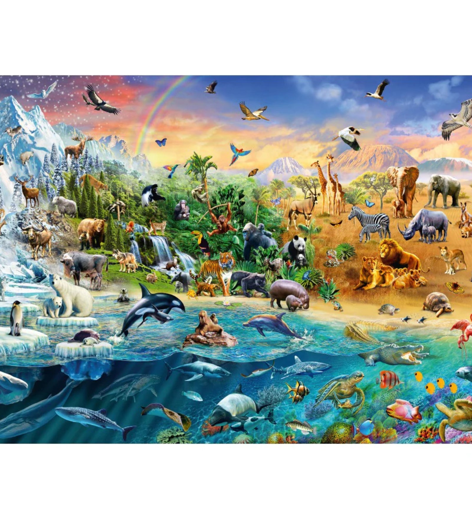 Schmidt Puzzle 1000 db – a kirakott puzzle képe, részletgazdag állatvilág-jelenettel tengeri, szárazföldi és sarkvidéki állatokkal egyetlen kompozícióban.